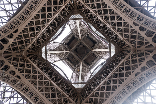 Paris, France - April 29, 2016: the Eiffel Tower from the bottom. Constructed from 1887–89 as the entrance to the 1889 World's Fair, it is a wrought iron lattice tower on the Champ de Mars in Paris