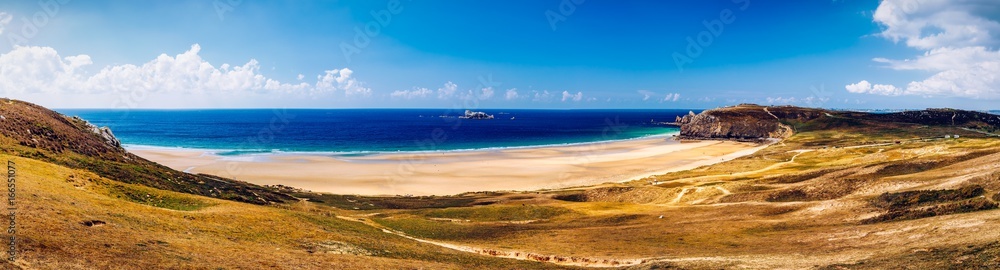 Panorama of beach Anse de Pen Hat on the Presqu'ile de Crozon, Parc naturel regional d'Armorique. Finistere department, Crozon. Brittany (Bretagne), France. Panorama of beach Anse de Pen Hat on the Presqu'ile de Crozon, Parc naturel regional d'Armorique. Finistere department, Crozon. Brittany (Bretagne), France.