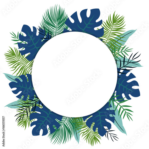 Tropical background with white circle and tropical leaves
