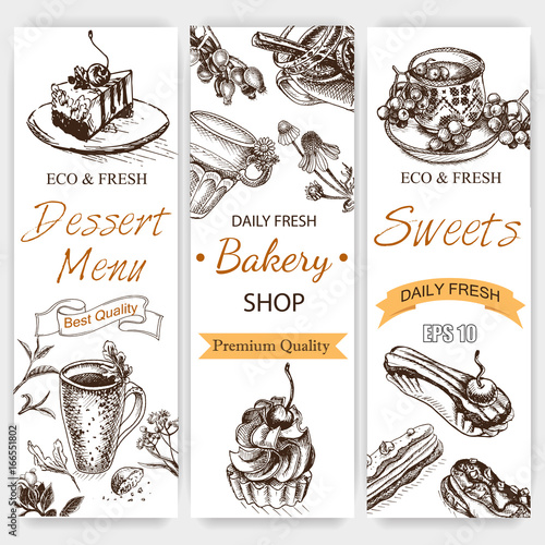 Vector illustration sketch tea time. Vintag card menu bagel, eclair, profiterole, cupcake.