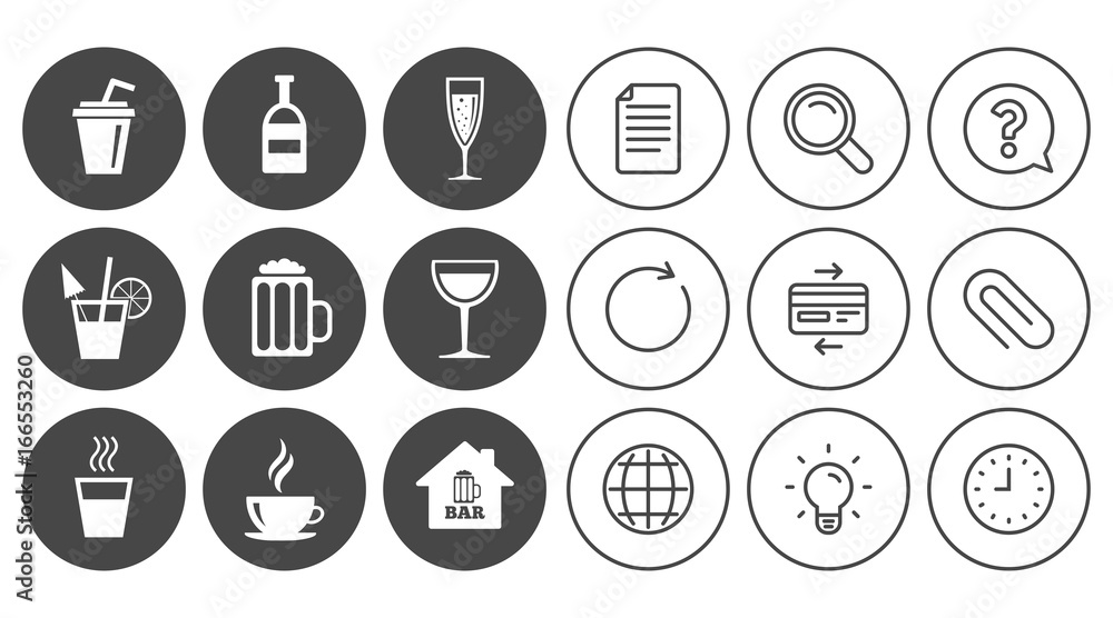 Coffee, tea icons. Alcohol drinks signs. Coffee, tea icons. Alcohol drinks signs.