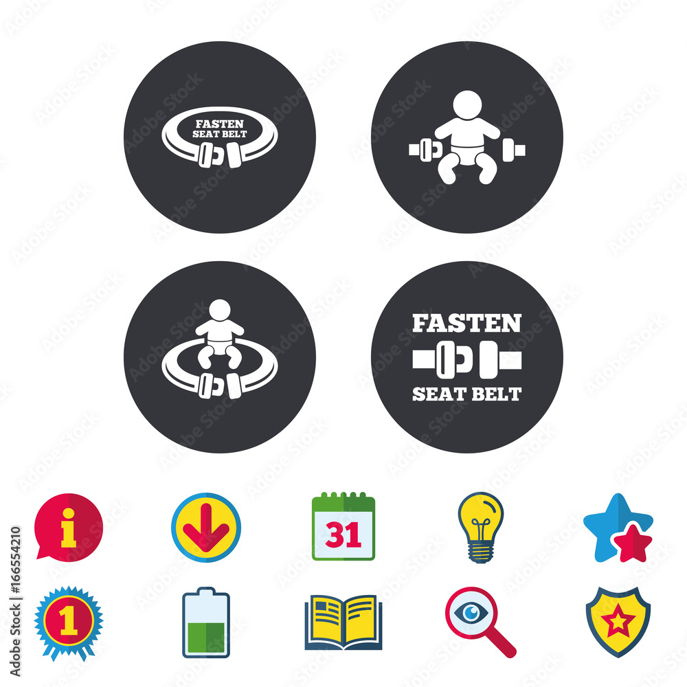 Fasten seat belt signs. Child safety in accident. Fasten seat belt signs. Child safety in accident.