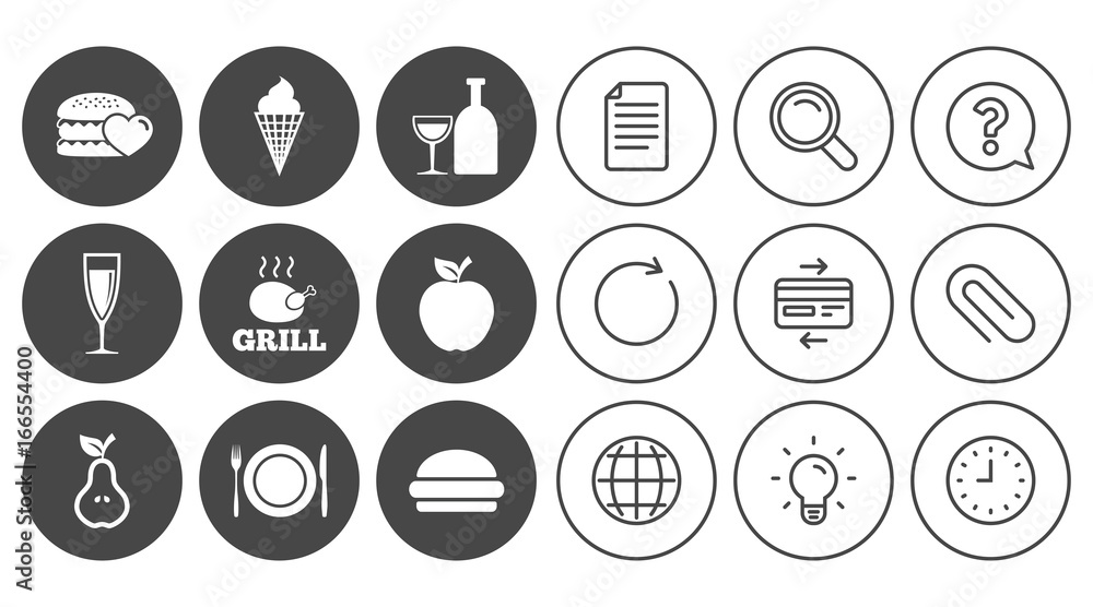 Food, drink icons. Alcohol and burger signs. Food, drink icons. Alcohol and burger signs.