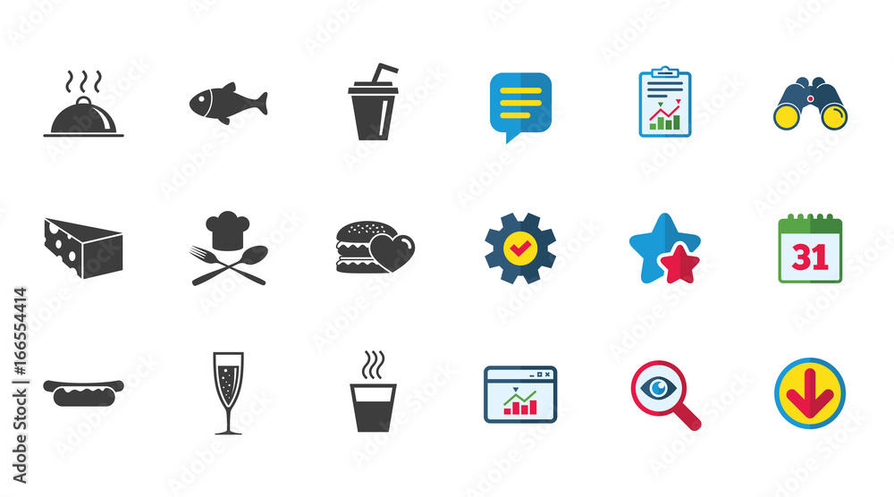 Food, drink icons. Alcohol, fish and burger.