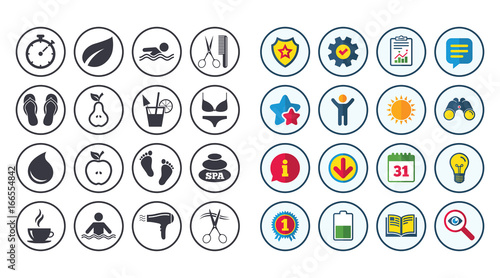 Set of Swimming pool, Spa and Hairdressing icons.