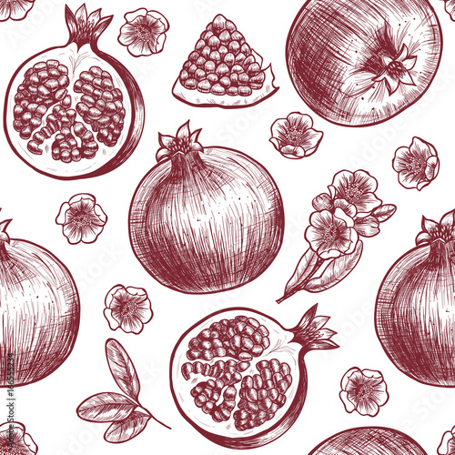 Vector pomegranate  hand drawn sketch.  Vector seamless pattern.  Vintage style