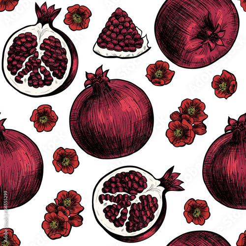 Vector pomegranate  hand drawn sketch.  Vector seamless pattern.  Vintage style