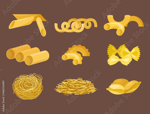 Different types of pasta whole wheat corn rice noodles organic food macaroni yellow nutrition dinner products vector illustration