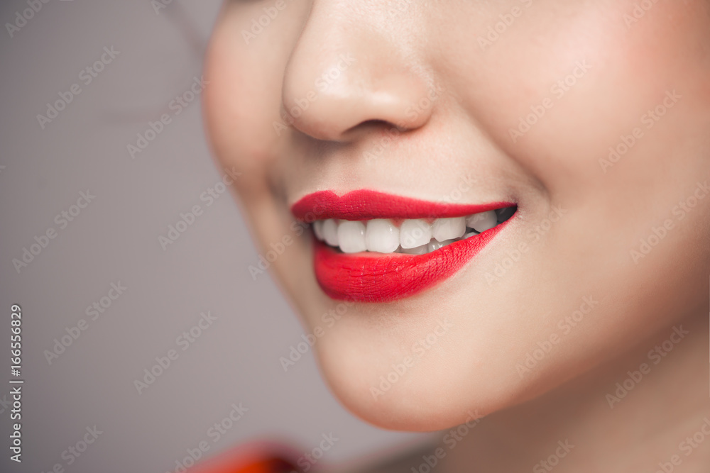 Obraz premium Red Sexy Lips closeup. Make up concept. Beautiful Perfect Lips.