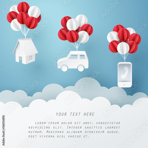 Paper art of house, car and mobile phone hanging with balloon, business and asset management concept and paper art idea