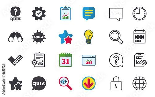 Quiz icons. Speech bubble with check mark symbol.