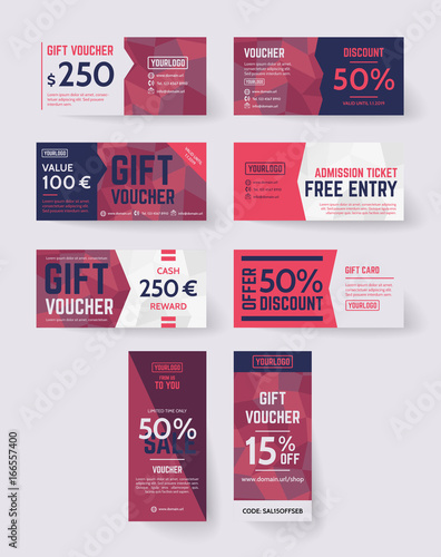 Vector gift voucher illustrations. Vibrant geometric polygon style design. Background template for gift card, discount coupon and entry ticket.
