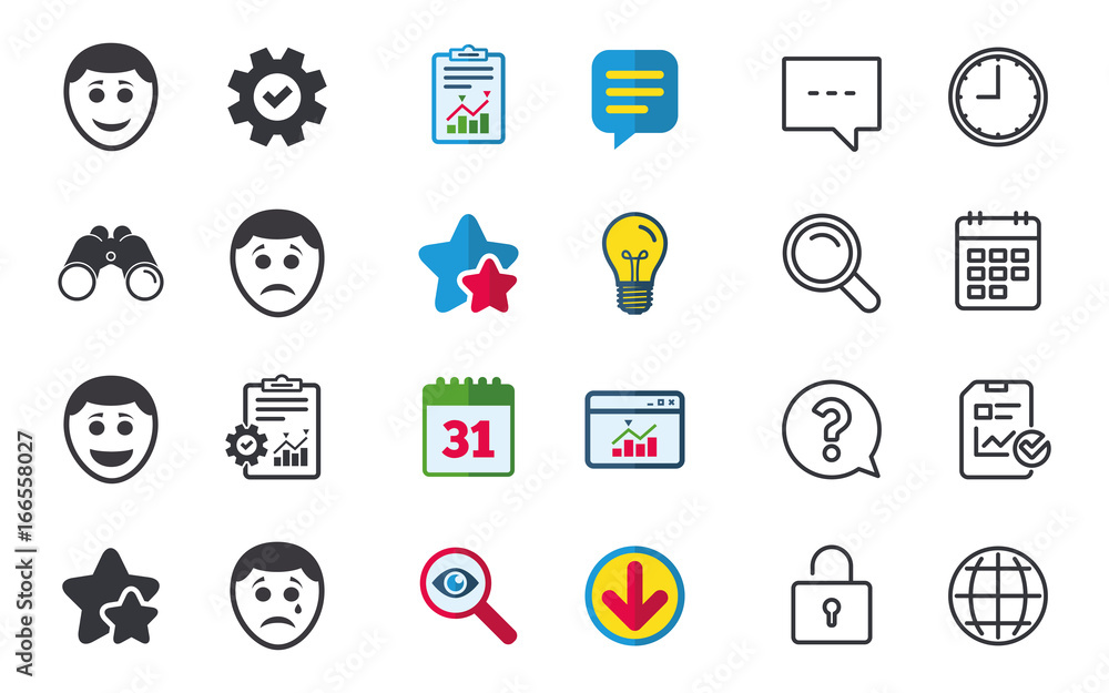 Human smile face icons. Happy, sad, cry.