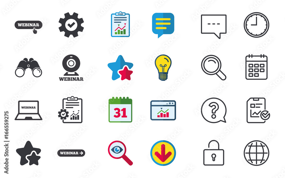 Webinar icons. Web camera and notebook pc signs. Webinar icons. Web camera and notebook pc signs.