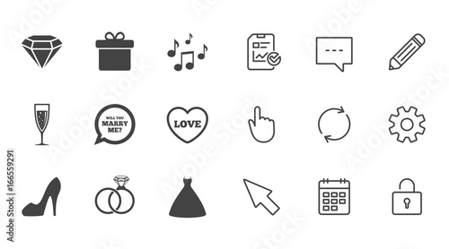 Wedding, engagement icons. Rings, gift box.