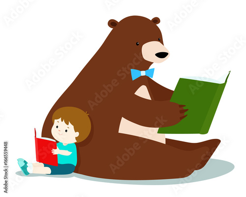 Cute boy and fluffy bear are reading a book vector.