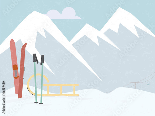 Winter mountain skiing retro styled vector illustration