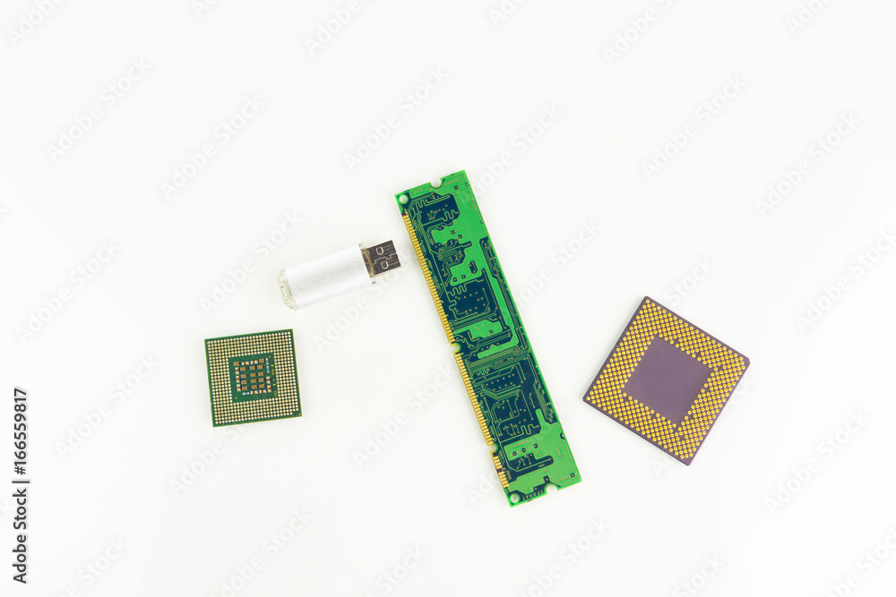 Computer Processors, RAM Chip And Portable Memory Stick On White Background Computer Processors, RAM Chip And Portable Memory Stick On White Background
