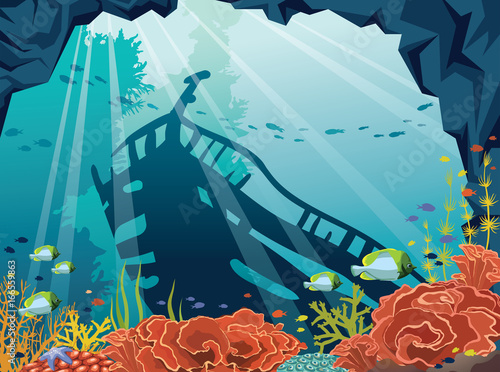 Underwater sea, sunken ship, corals, fish.