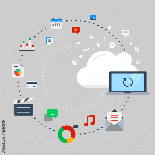 Vector illustration concept for cloud computing, data transfer, data storage and synchronization on light grey background.