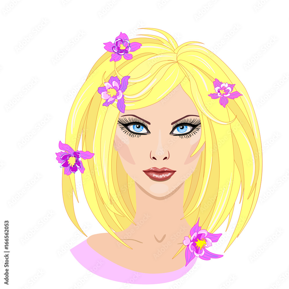 Beautiful blonde girl with flowers in hair in flat style. Vector illustration.