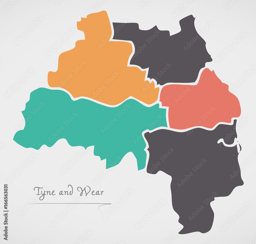 Tyne and Wear England Map with states and modern round shapes