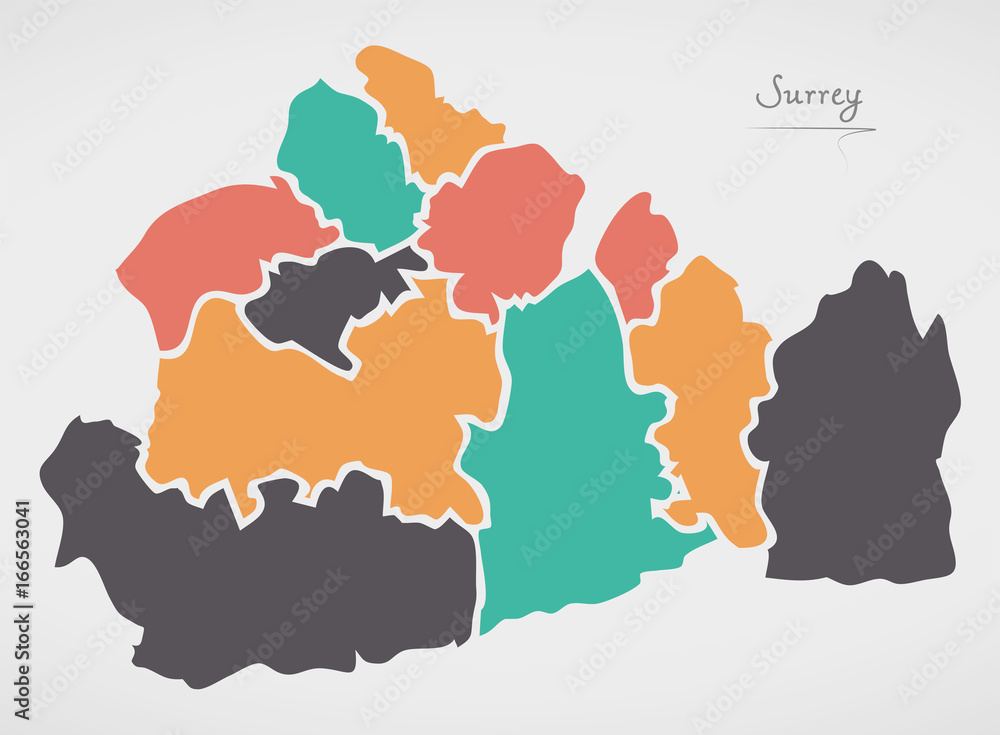 Surrey England Map with states and modern round shapes