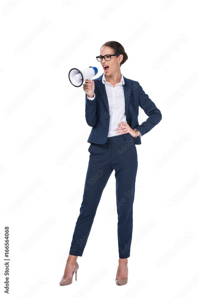 attractive angry businesswoman screaming and holding megaphone, isolated on white attractive angry businesswoman screaming and holding megaphone, isolated on white