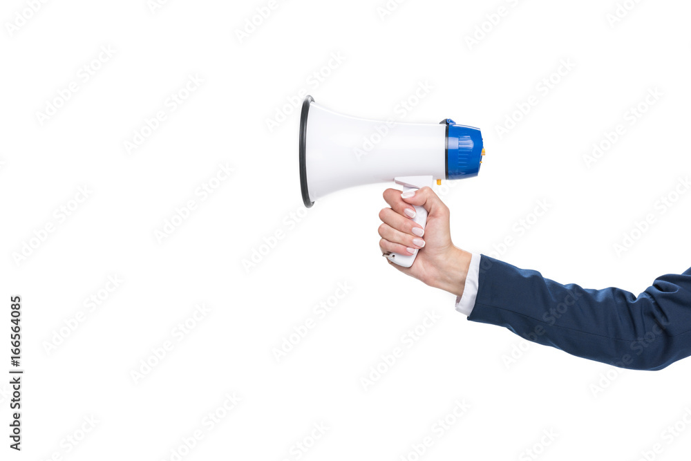 cropped view of businesswoman holding megaphone, isolated on white