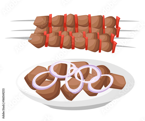 Meat, Vegetarian, Seafood Skewers With Pieces Shashlik. Barbecue. Flat Style Vector Illustration shish kebab Web site page and mobile app design vector illustration