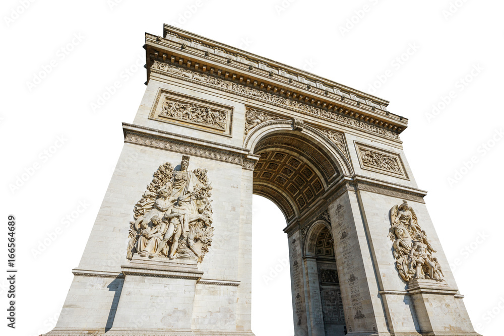 Arch of triumph. Arc de Triomphe at the western end of the Champs Elysees road at center of Place Charles de Gaulle in Paris city of France. Isolated on white background and with copy space.