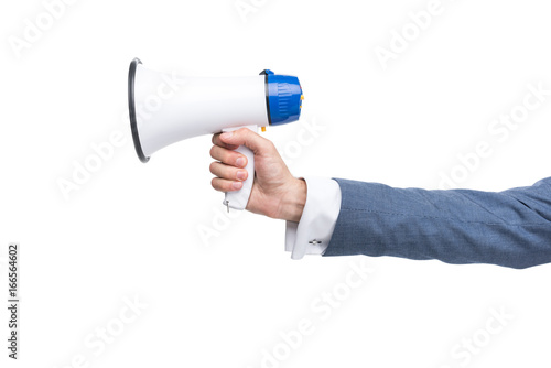 cropped view of businessman holding megaphone, isolated on white