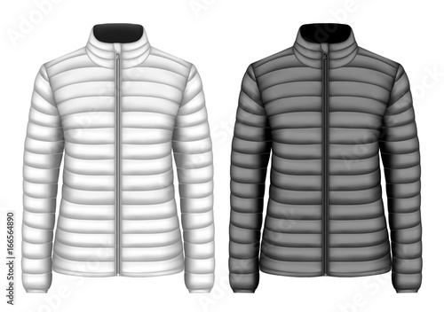 Women's insulated down jackets, black and white variants. Vector