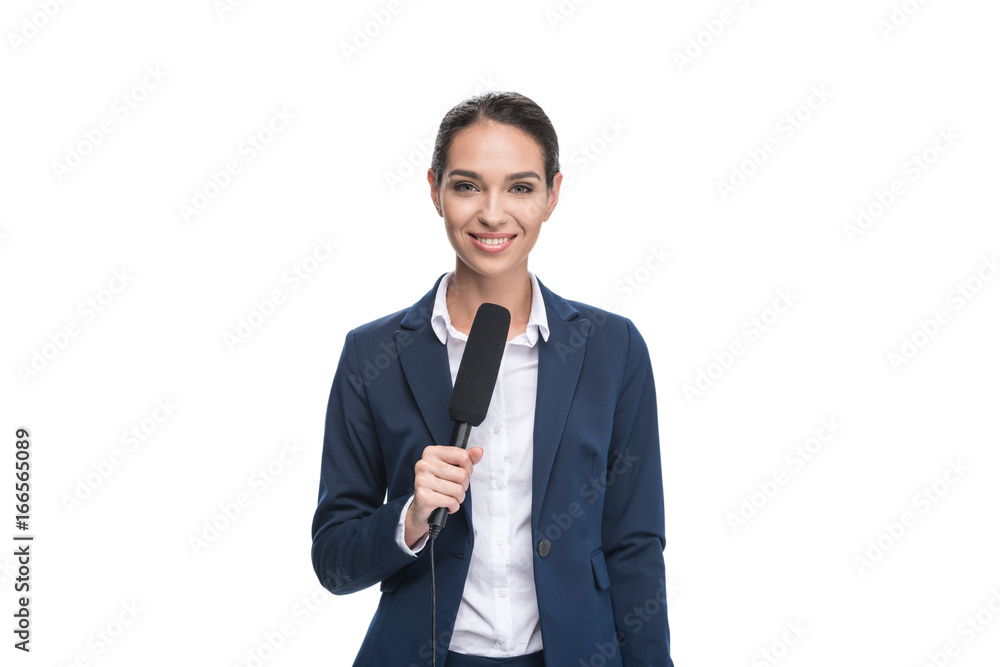 smiling female journalist in suit with microphone, isolated on white smiling female journalist in suit with microphone, isolated on white