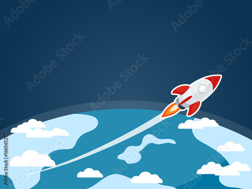 rocket launch start up sky,earth in space copy space background flat vector