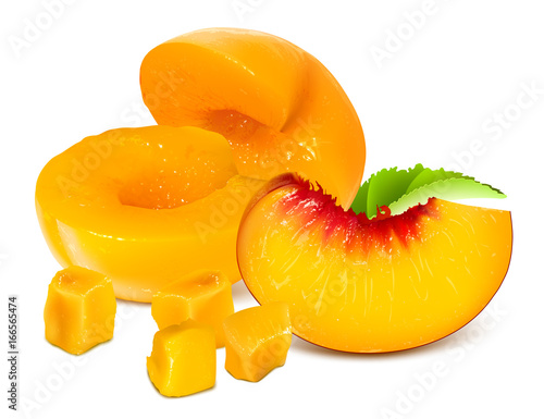 Half cut peaches without pits and ripe peach slice. Vector