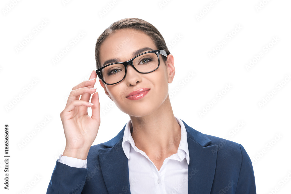 portrait of attractive smiling businesswoman in eyeglasses, isolated on white