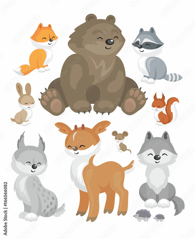 Fototapeta premium The image of cute forest animals in cartoon style. Children’s illustration. Vector set.
