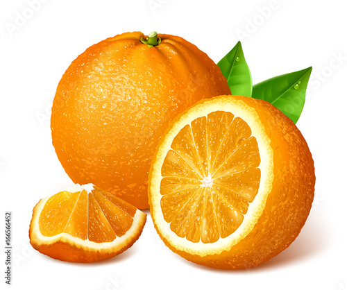 Whole ripe oranges and slices. Vector illustration.