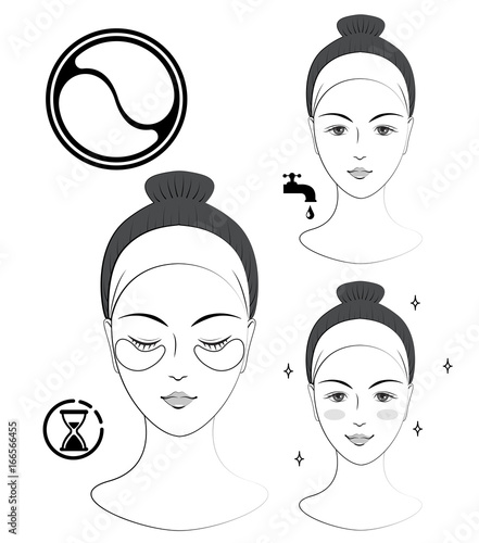 Instruction: How to apply cosmetic patches under the eyes. Skincare. Black and white vector illustration.