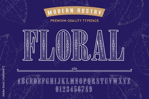 Font. Alphabet. Script. Typeface. Label. Floral typeface. For labels and different type designs
