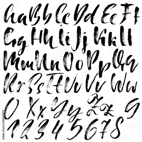 Hand drawn dry brush font. Modern brush lettering. Grunge style alphabet. Vector illustration.