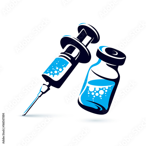 Vector graphic illustration of vial and medical syringe for injections. Children scheduled vaccination theme