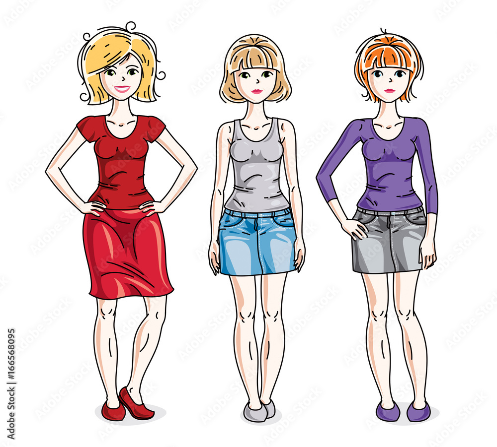 Attractive young adult girls standing in stylish casual clothes. Vector people illustrations set. Fashion and lifestyle theme cartoons. Attractive young adult girls standing in stylish casual clothes. Vector people illustrations set. Fashion and lifestyle theme cartoons.