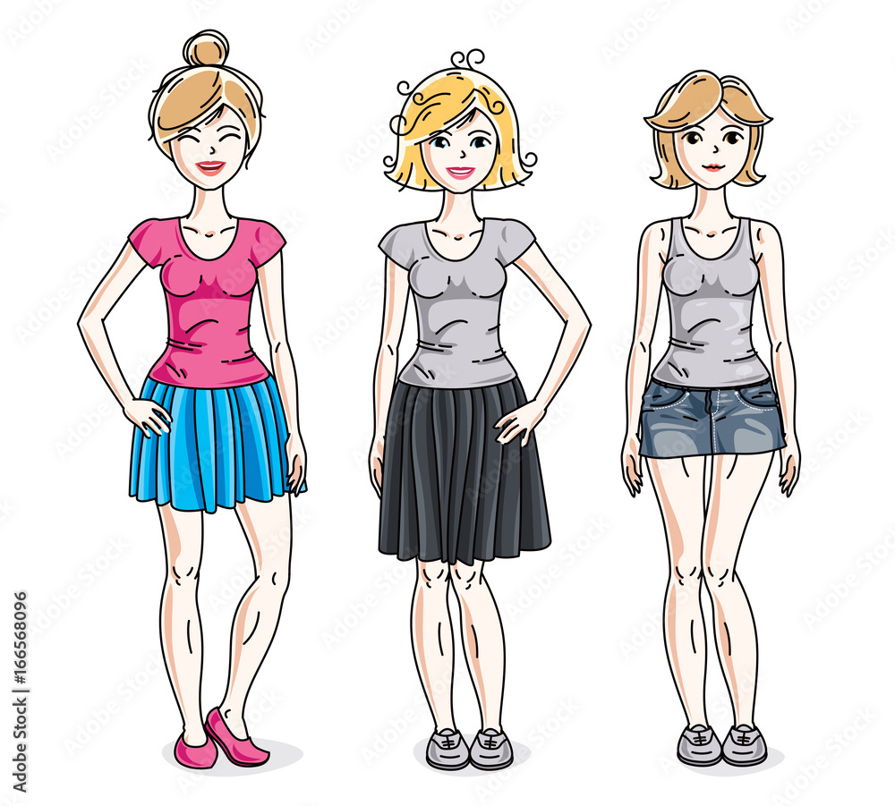 Happy young adult girls female standing wearing casual clothes. Vector characters set. Happy young adult girls female standing wearing casual clothes. Vector characters set.