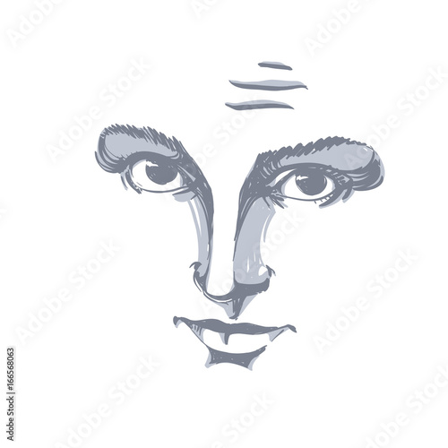 Vector art drawing, portrait of gorgeous girl with wrinkles on her forehead. Facial expressions, people emotions, skeptic or distrustful girl. Mask, I do not believe you.