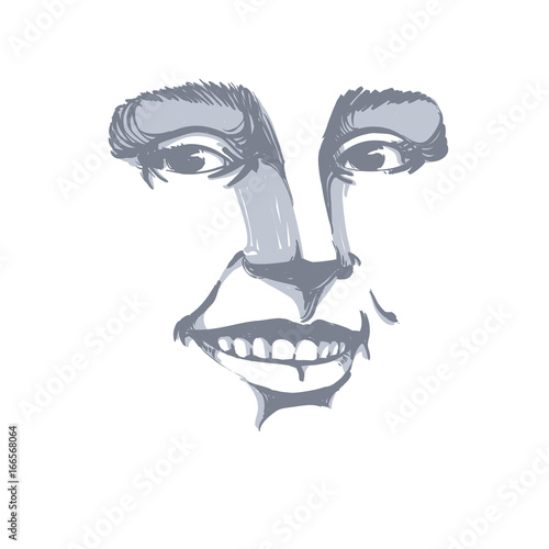 Monochrome hand-drawn mask with face features and emotional expressions. Beautiful smiling glad lady, portrait of flirting young woman.