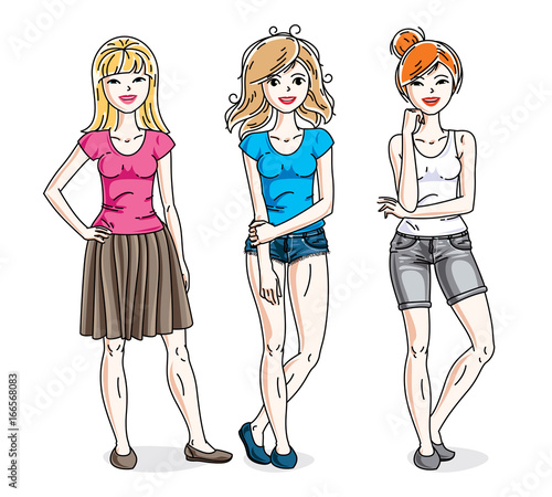 Attractive young adult girls standing wearing casual clothes. Vector people illustrations set. Fashion and lifestyle theme cartoons.