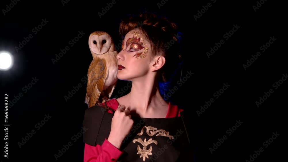 Fairy girl with an owl on her shoulder in a dark place Fairy girl with an owl on her shoulder in a dark place