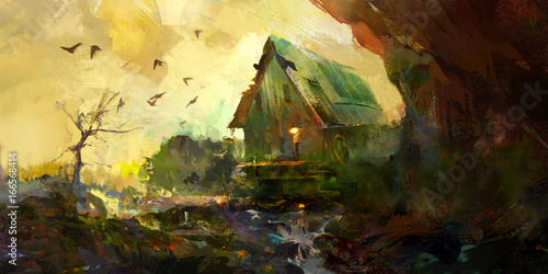 Photography painted autumn landscape with house